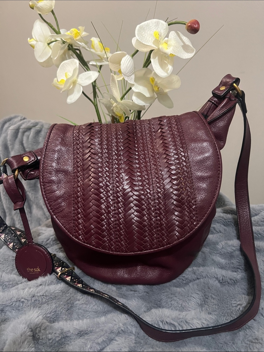 The Sak Woven Leather Crossbody Bag - Plum EUC retail $149